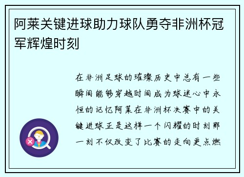 阿莱关键进球助力球队勇夺非洲杯冠军辉煌时刻